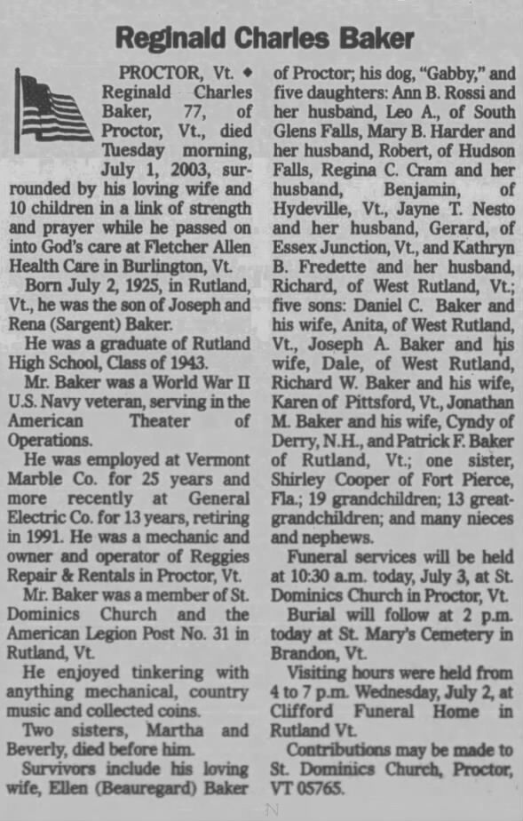 Obituary for Reginald Charles Baker, 1925-2003 (Aged 77)
